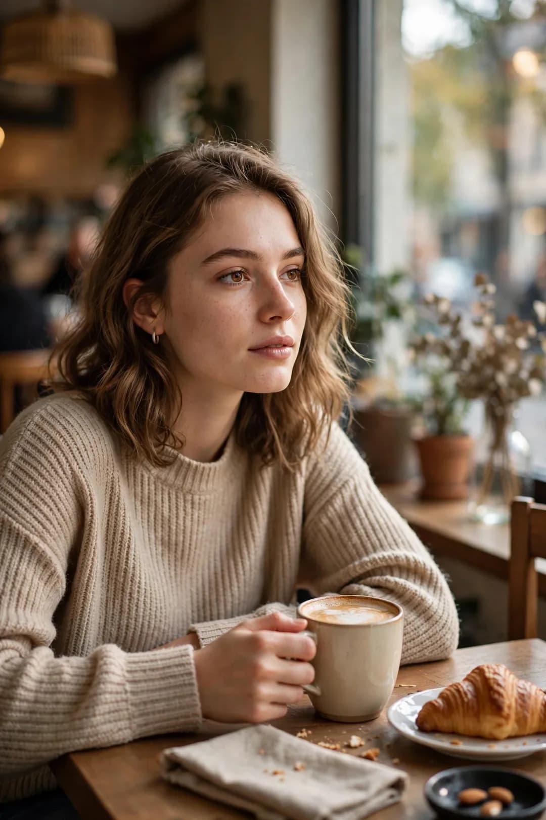 AI portrait generation: natural-light cafe portrait for avatars and photo shoots